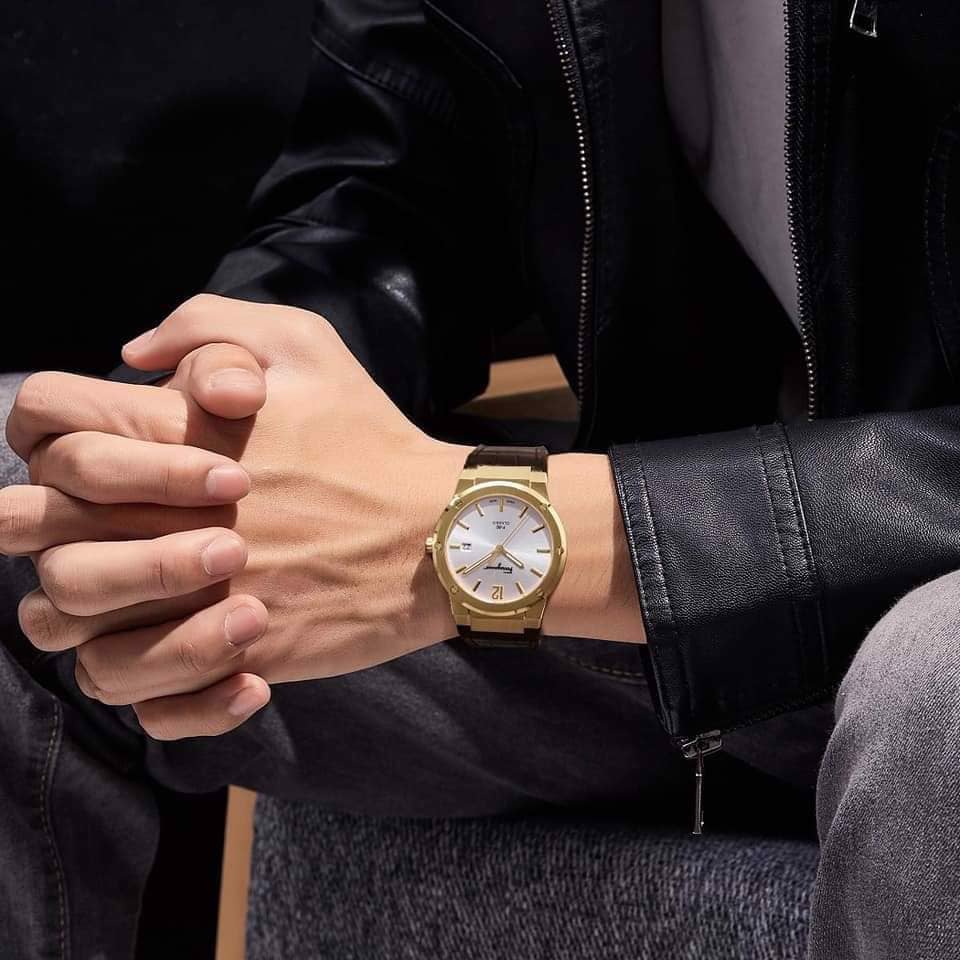 Ferragamo F-80 Classic watch worn on male wrist with gold case and white dial