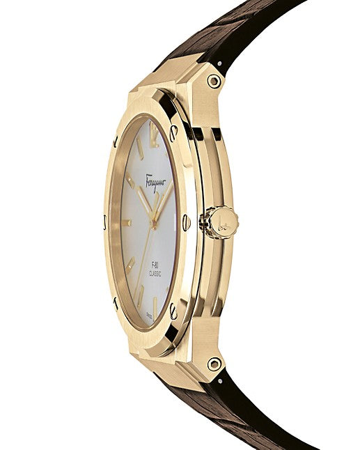Ferragamo F-80 watch side view displaying gold case thickness and dark leather strap