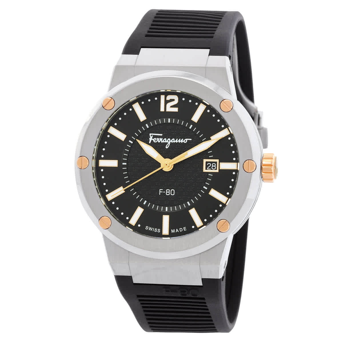 Ferragamo F-80 watch showing rose gold crown and date window, angled view