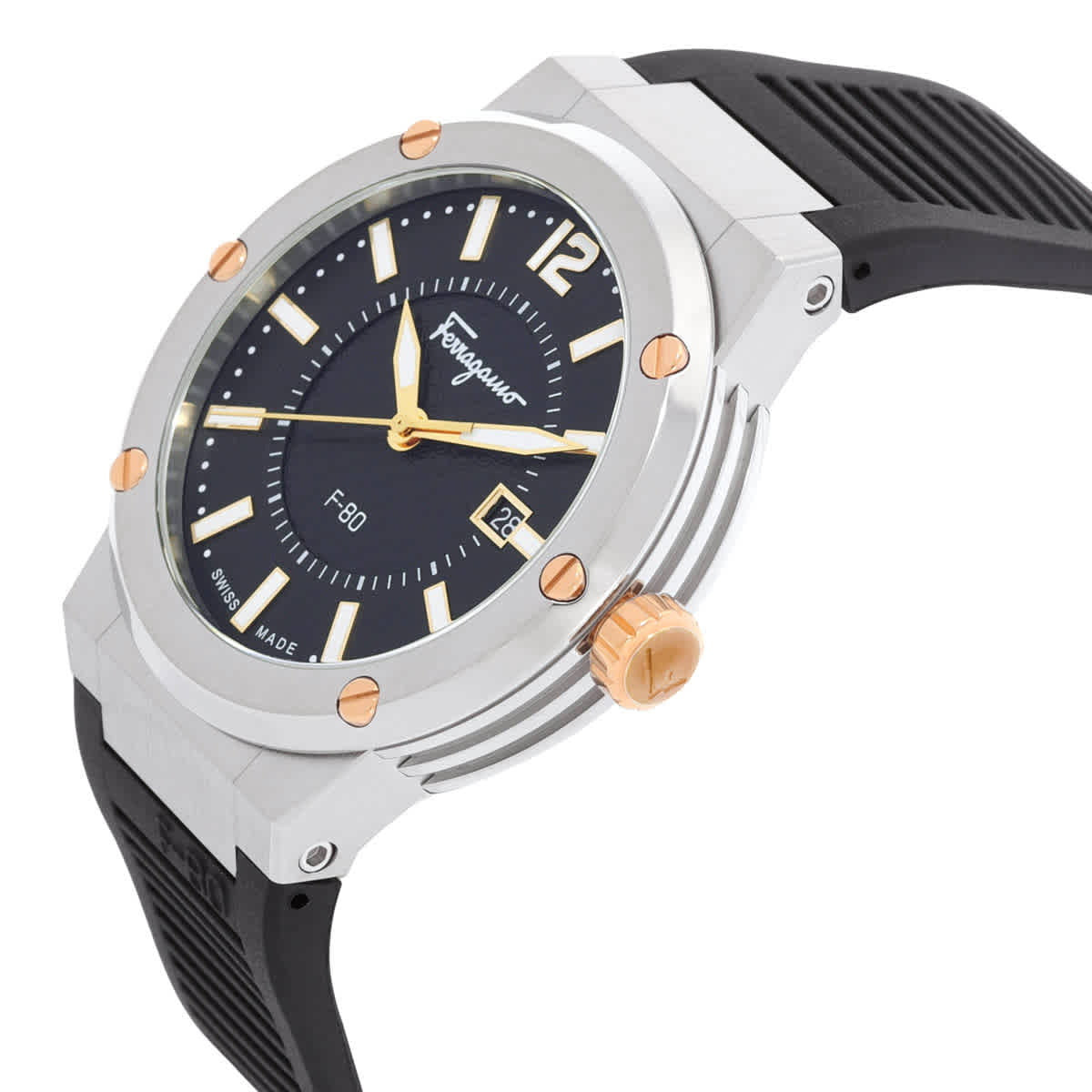 Ferragamo F-80 black dial watch with steel case and rose gold bezel accents, side angle