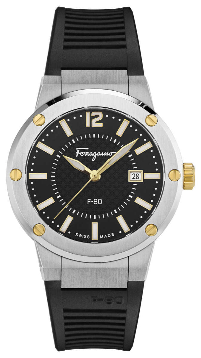 Ferragamo F-80 black dial quartz men's watch with steel case and rose gold accents