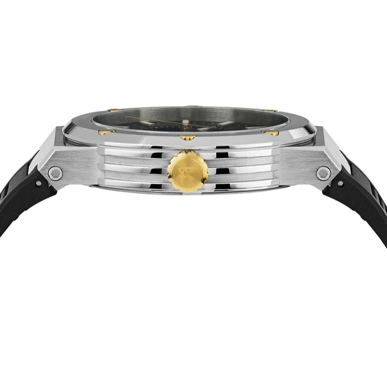 Ferragamo F-80 watch side profile showing steel case and rose gold crown