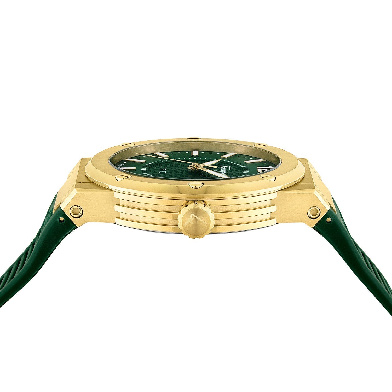 Ferragamo F-80 watch showing gold-tone case with green rubber strap