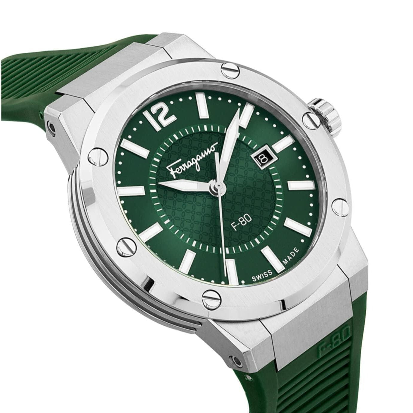 Ferragamo F-80 watch at angle showing stainless steel case and green strap detail