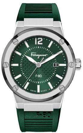 Ferragamo F-80 Classic watch with green dial, silver hour markers, and green rubber strap