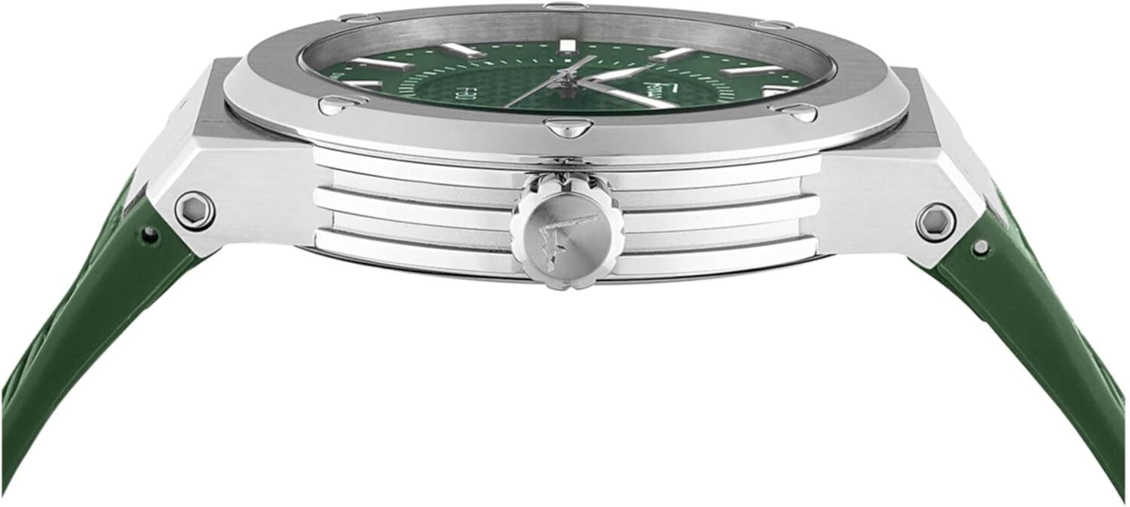 Ferragamo F-80 watch side view displaying polished steel case and green rubber strap