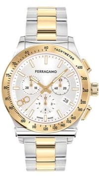 Ferragamo Salvatore 1927 chrono watch angled view showing two-tone bracelet and dial