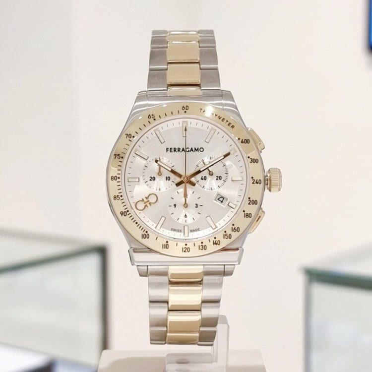 Ferragamo Salvatore 1927 chronograph watch worn on wrist showing case and strap