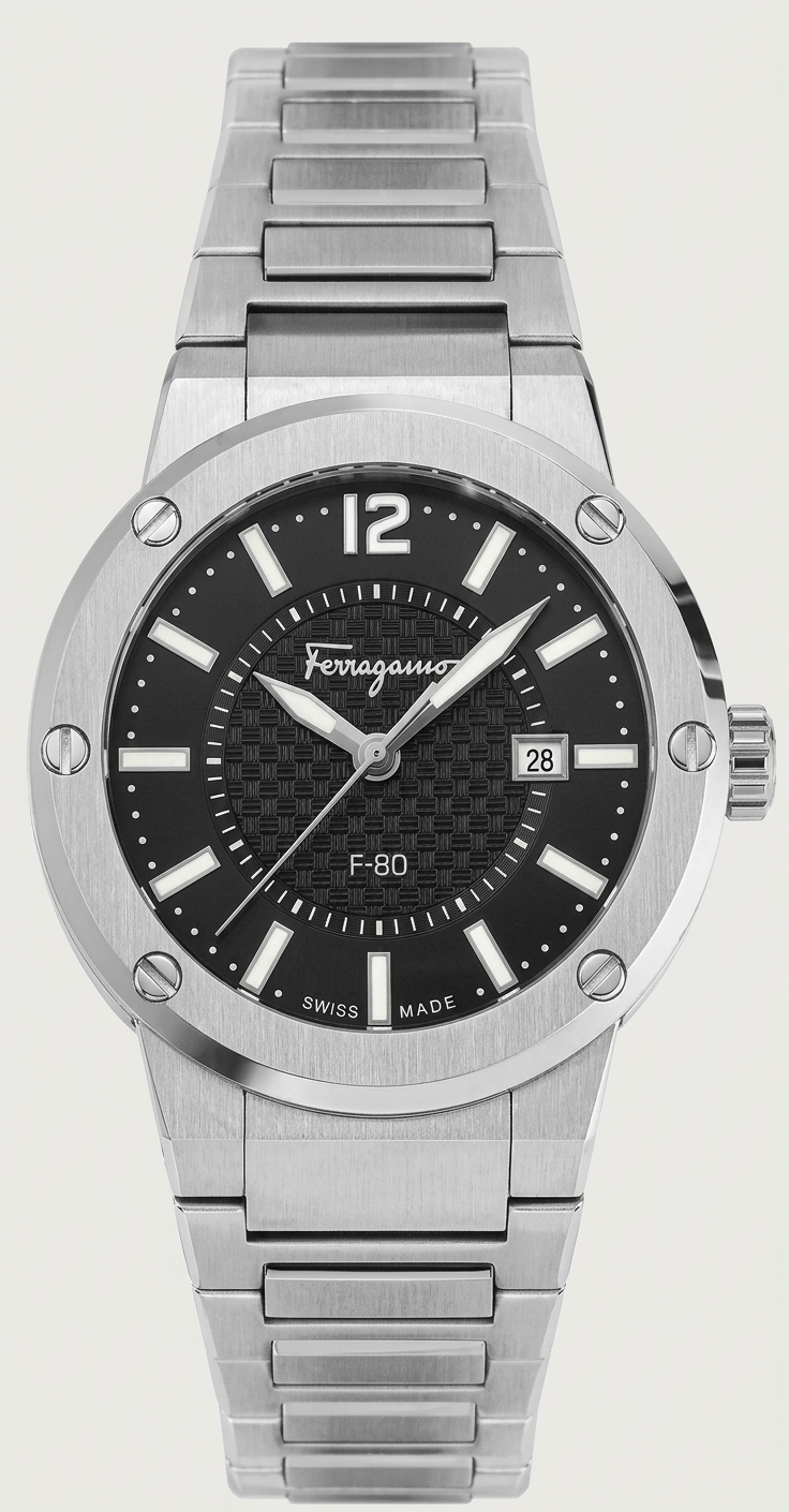 Ferragamo Salvatore 1927 chrono watch with black dial, silver steel case and bracelet