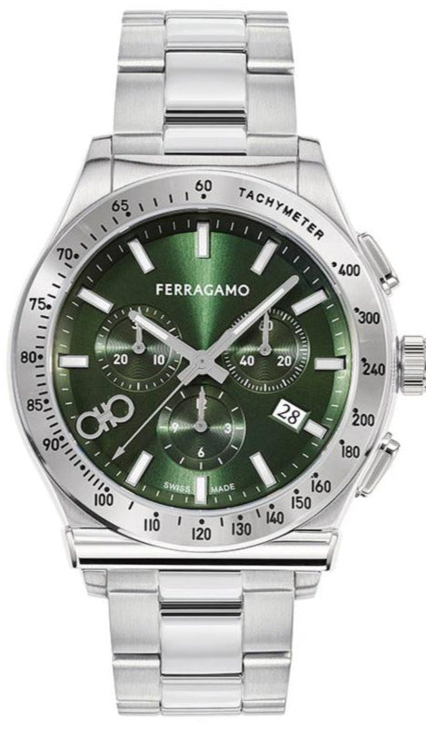 Ferragamo Salvatore 1927 chronograph with green dial and silver steel bracelet, front view