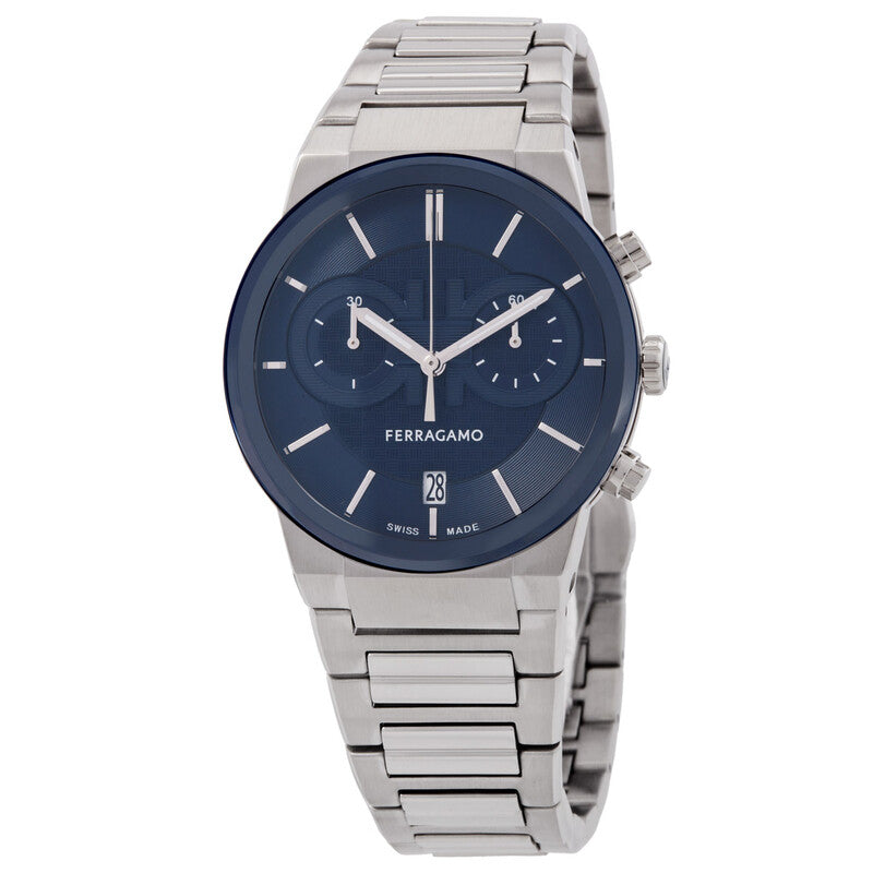 Ferragamo Salvatore chronograph watch with blue dial and silver steel strap