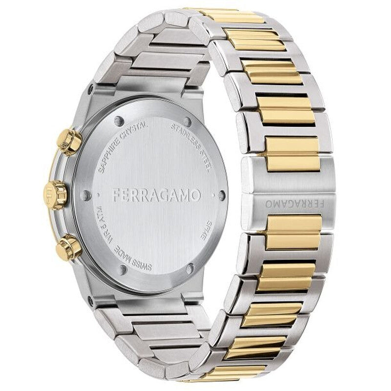 Two-tone stainless steel and gold bracelet with Ferragamo engraved caseback