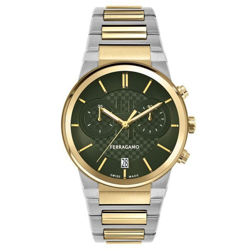 Ferragamo Sapphire Chrono two-tone watch with green dial and gold-accented chronograph subdials, 41mm