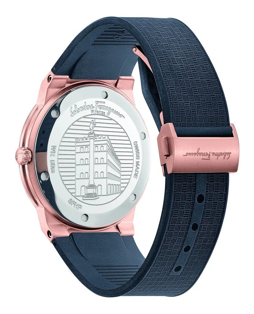Ferragamo Sapphire caseback with engraved Ferragamo logo and building design