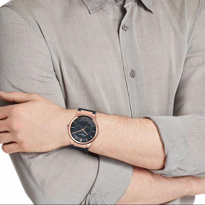 Ferragamo Sapphire Chronograph watch worn on wrist with rose gold case