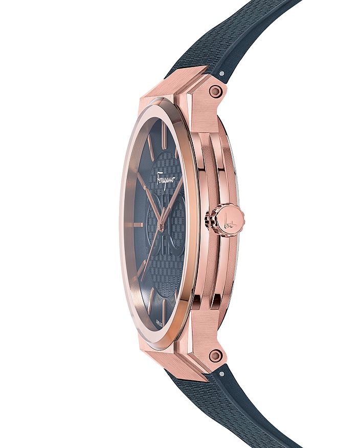 Ferragamo Sapphire watch side view showing rose gold case and navy rubber strap