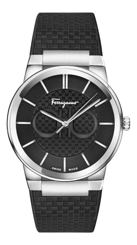 Ferragamo Sapphire 41mm black dial watch with stainless steel case and black textured strap