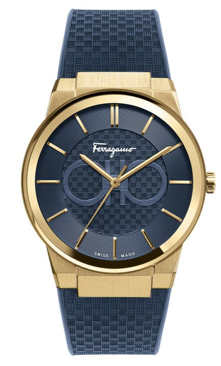 Ferragamo SFHP00220 men's watch with sapphire blue dial, gold-tone case, and blue rubber strap