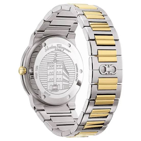 Ferragamo SFHP520 caseback showing two-tone stainless steel construction and Gancio symbol