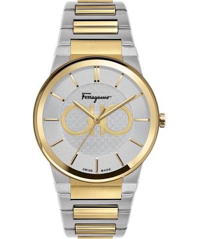 Ferragamo SFHP520 two-tone watch with silver dial, Gancio logo, and gold hour markers