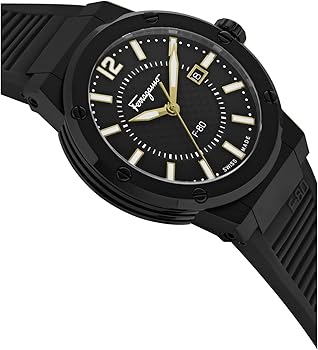 Ferragamo F-80 men's watch at angle showing black case and silicone strap