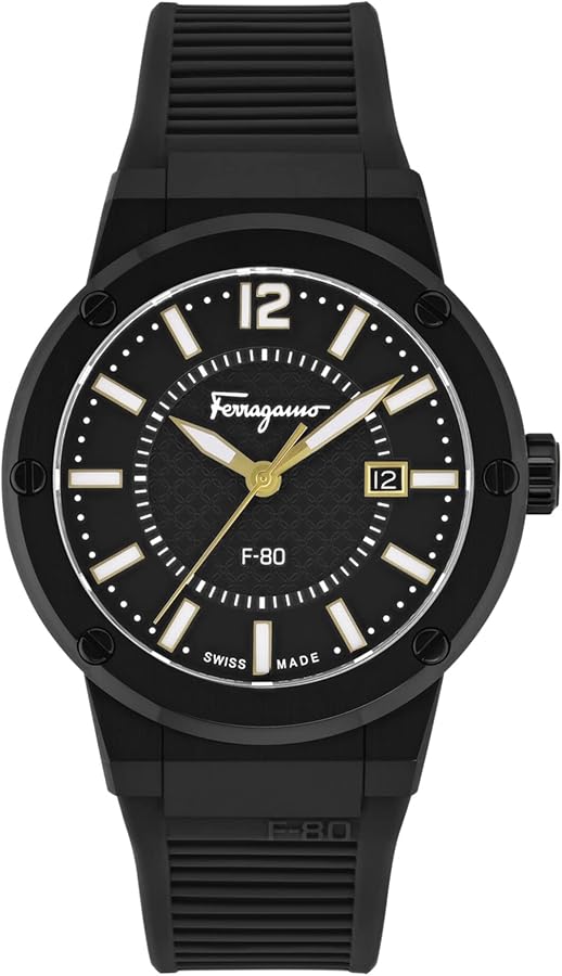 Ferragamo F-80 quartz watch with black dial and black silicone strap, 44mm