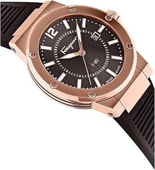 Angled view of Ferragamo F-80 Swiss watch with rose gold case and brown dial