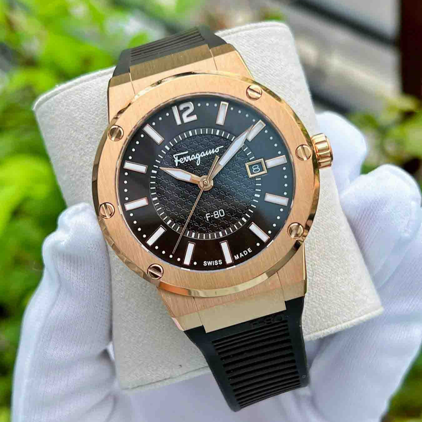 Ferragamo F-80 44mm watch with Swiss made movement, rose gold case and brown dial