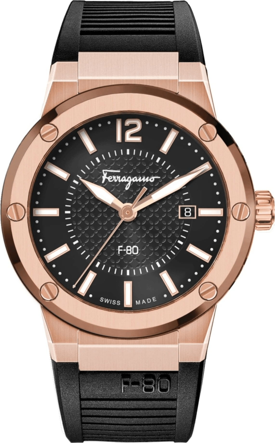 Ferragamo F-80 men's watch with rose gold case and black dial on silicone strap