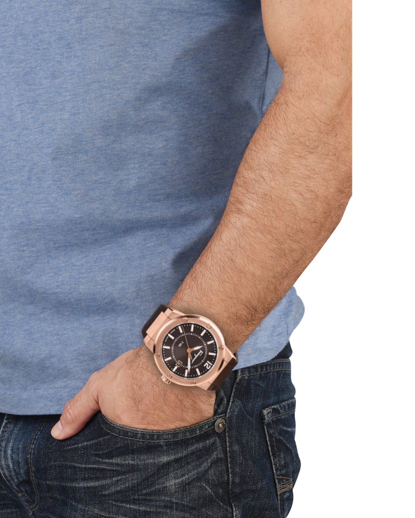 Ferragamo F-80 rose gold watch on wrist with brown dial and black strap