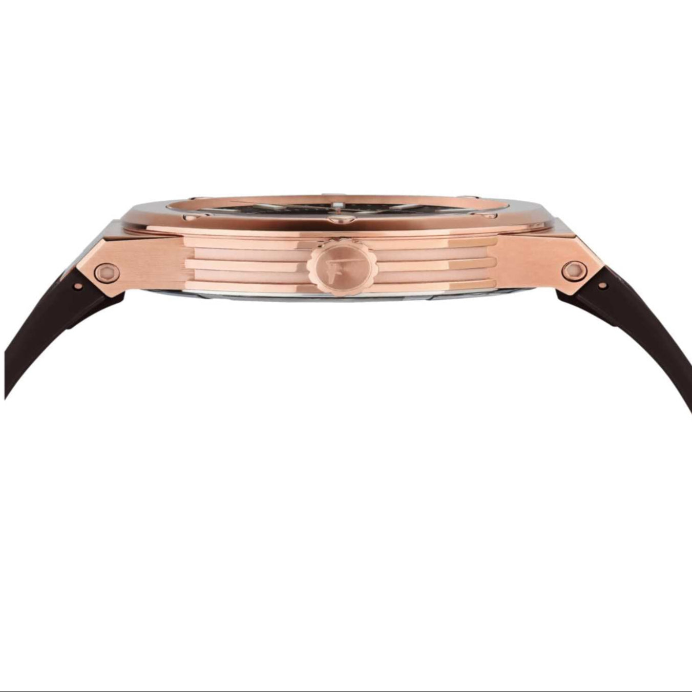 Side profile of Ferragamo F-80 watch showing rose gold case and black silicone strap