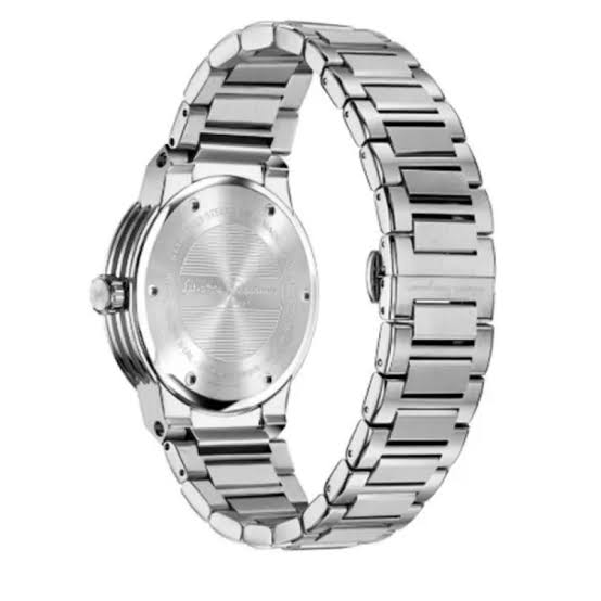 Ferragamo watch caseback showing stainless steel with circular brushed finish