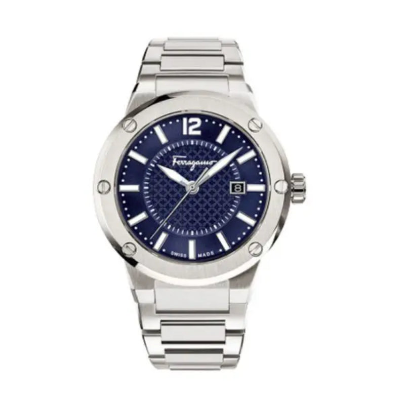 Ferragamo men's watch with blue dial, stainless steel case and bracelet, 44mm
