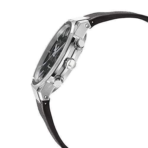 Side profile of Ferragamo chronograph showing steel case, crown, and black strap