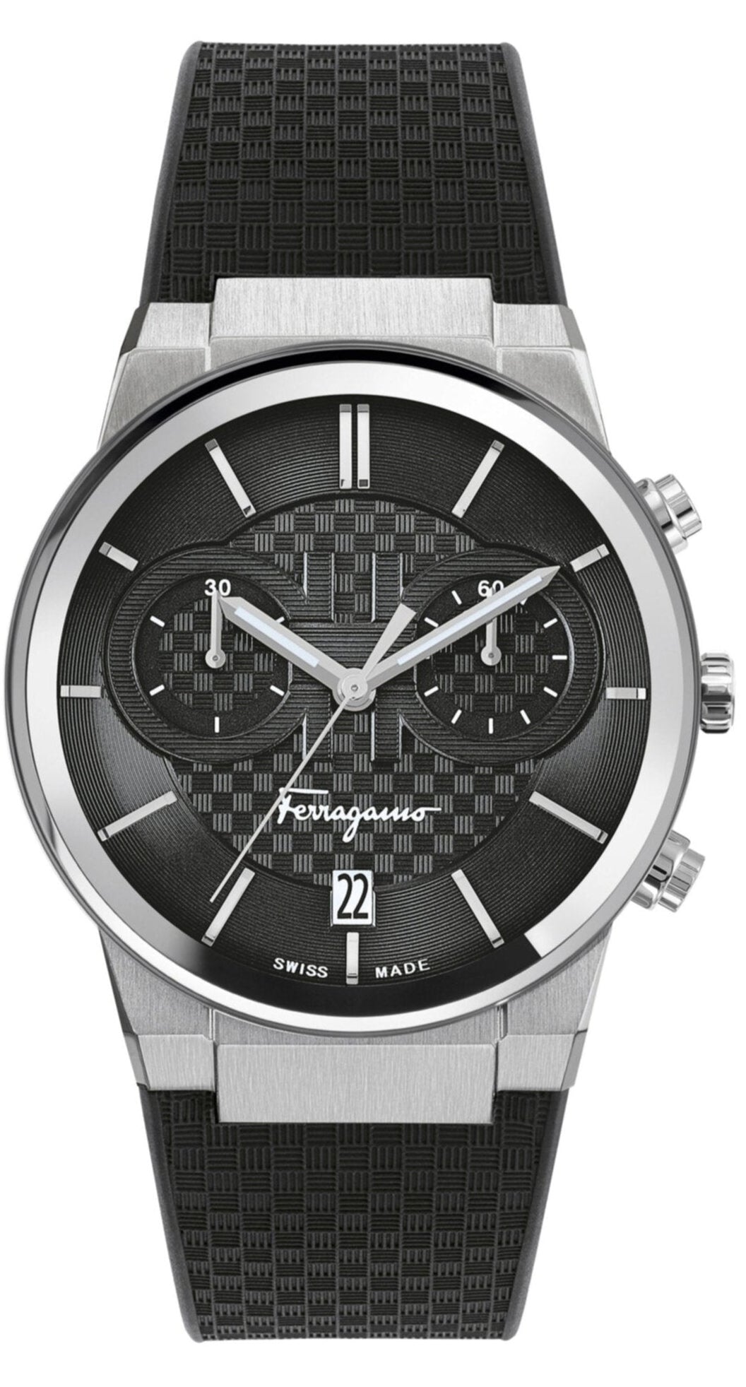 Ferragamo chronograph watch with steel case, black dial, and black strap, 42mm