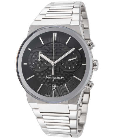 Ferragamo SFME00321 chronograph angle view showing black dial and metal band