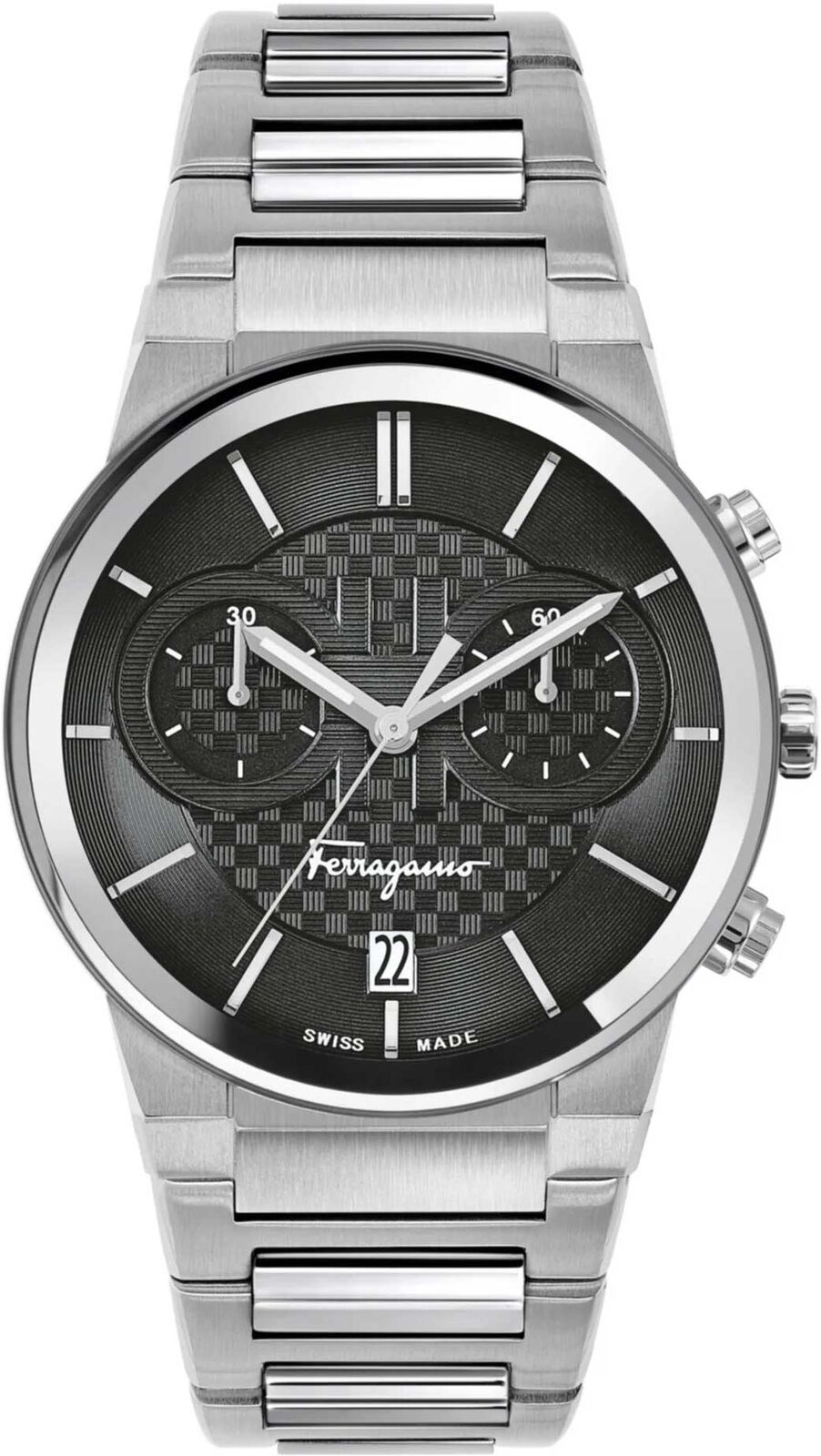 Ferragamo chronograph watch front view with black dial and stainless steel bracelet