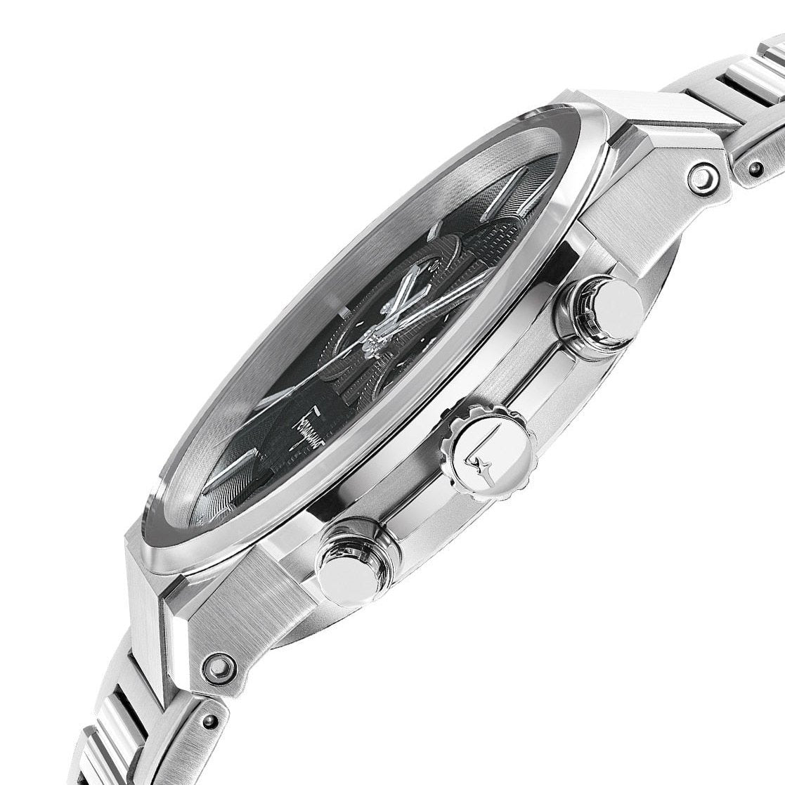 Ferragamo chronograph watch side view displaying case profile and pushers