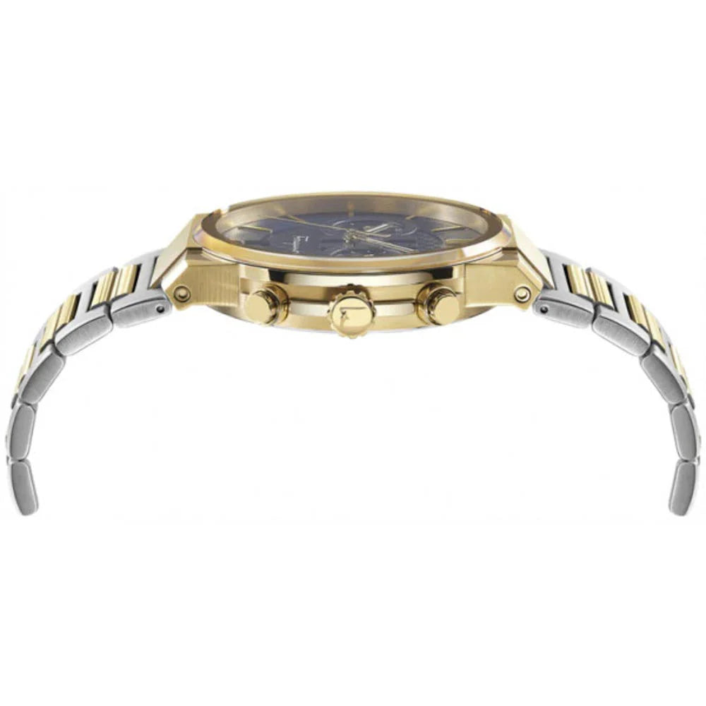 Two-tone stainless steel bracelet with rose gold accents and chronograph pushers