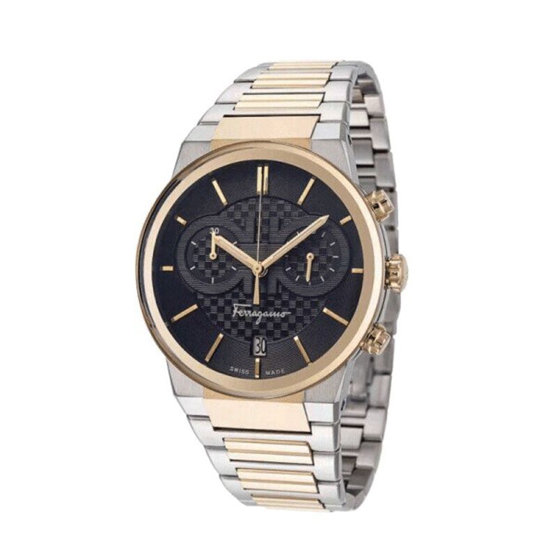 Ferragamo two-tone stainless steel watch with black dial and chronograph subdials