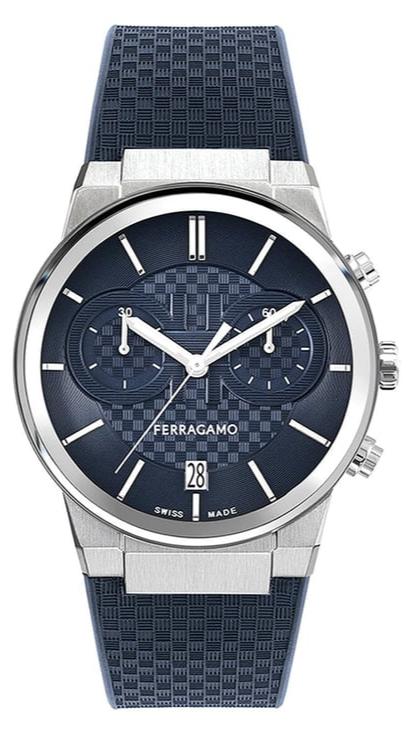 Ferragamo chronograph watch with blue dial, steel case, and navy rubber strap