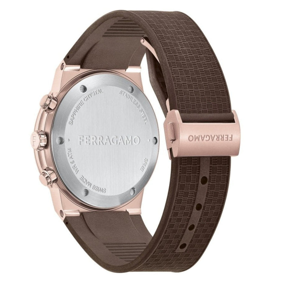 Ferragamo SFME01023 case back showing sapphire crystal and Ferragamo engraving with brown rubber strap