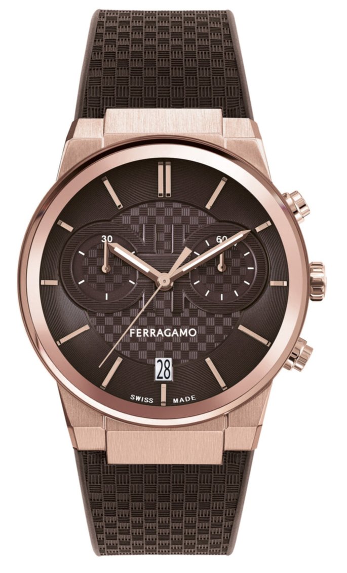 Ferragamo SFME01023 41mm chronograph watch with rose gold case, brown dial, and brown rubber strap
