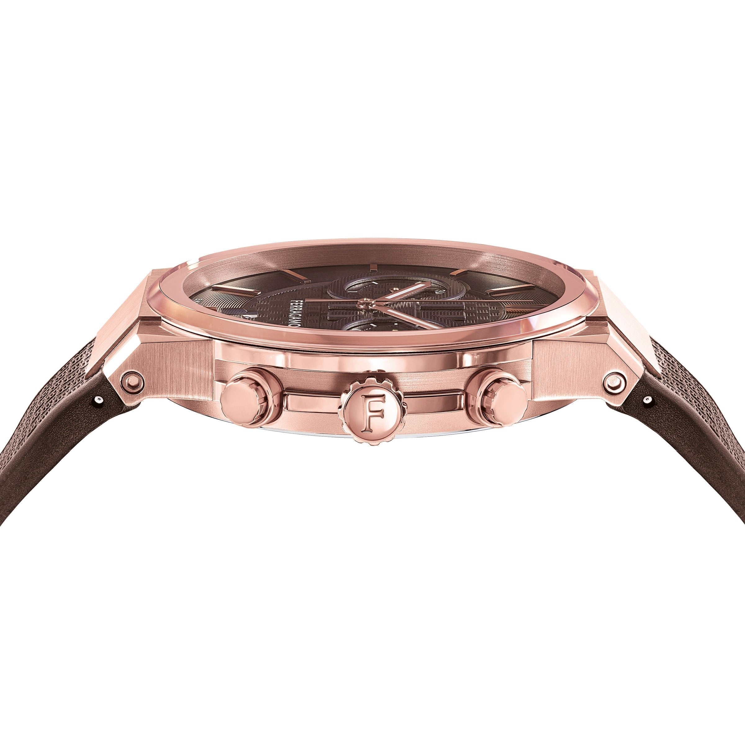 Ferragamo SFME01023 side view showing rose gold case with chronograph pushers and brown rubber strap