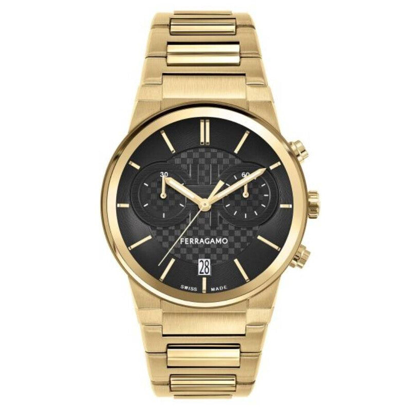 Ferragamo Salvatore Sapphire chronograph watch with black dial, gold steel case and bracelet