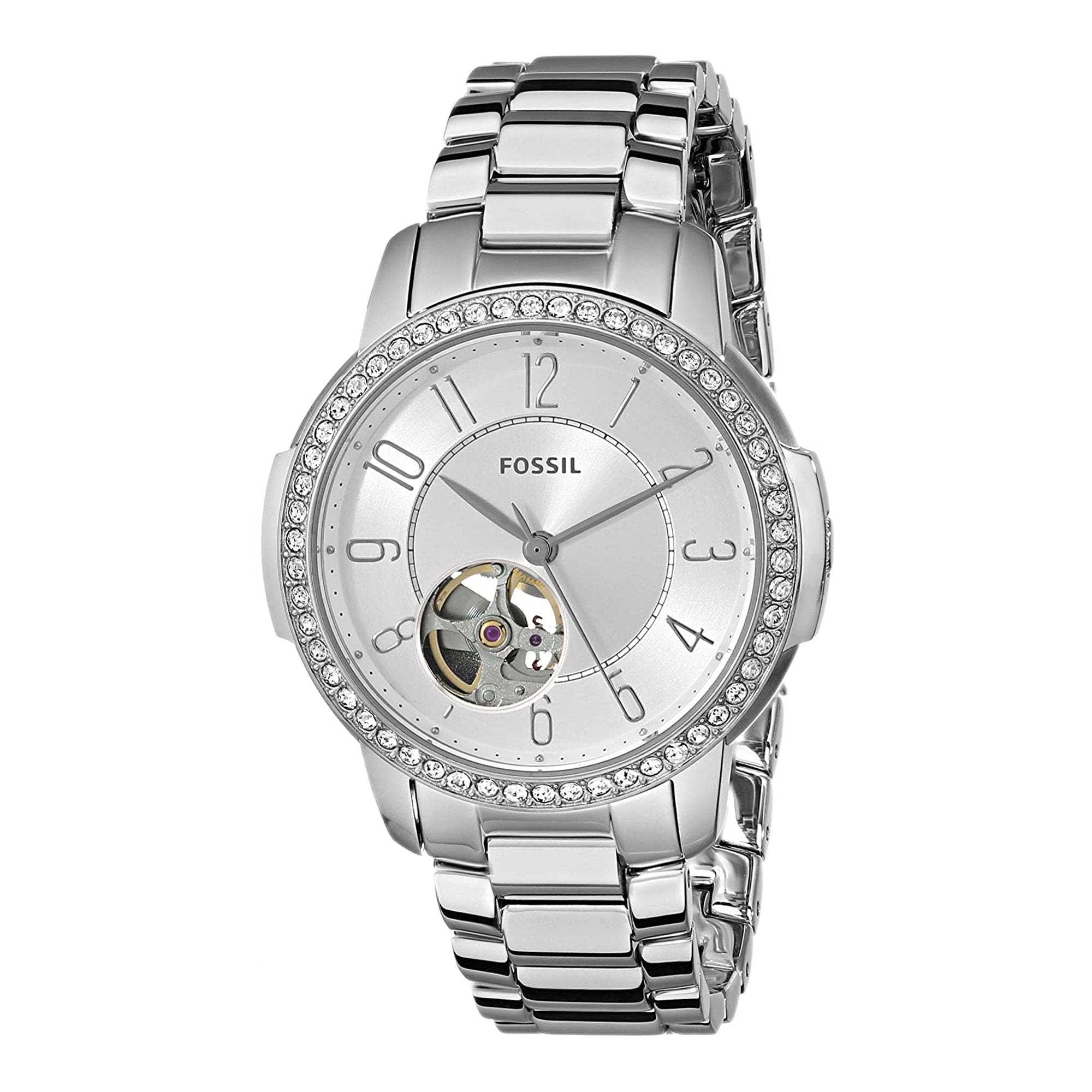 Fossil Architect automatic women's watch with silver dial, diamond bezel, and stainless steel bracelet