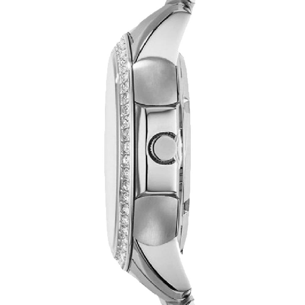 Side profile of Fossil Architect watch showing diamond-set bezel and stainless steel case profile
