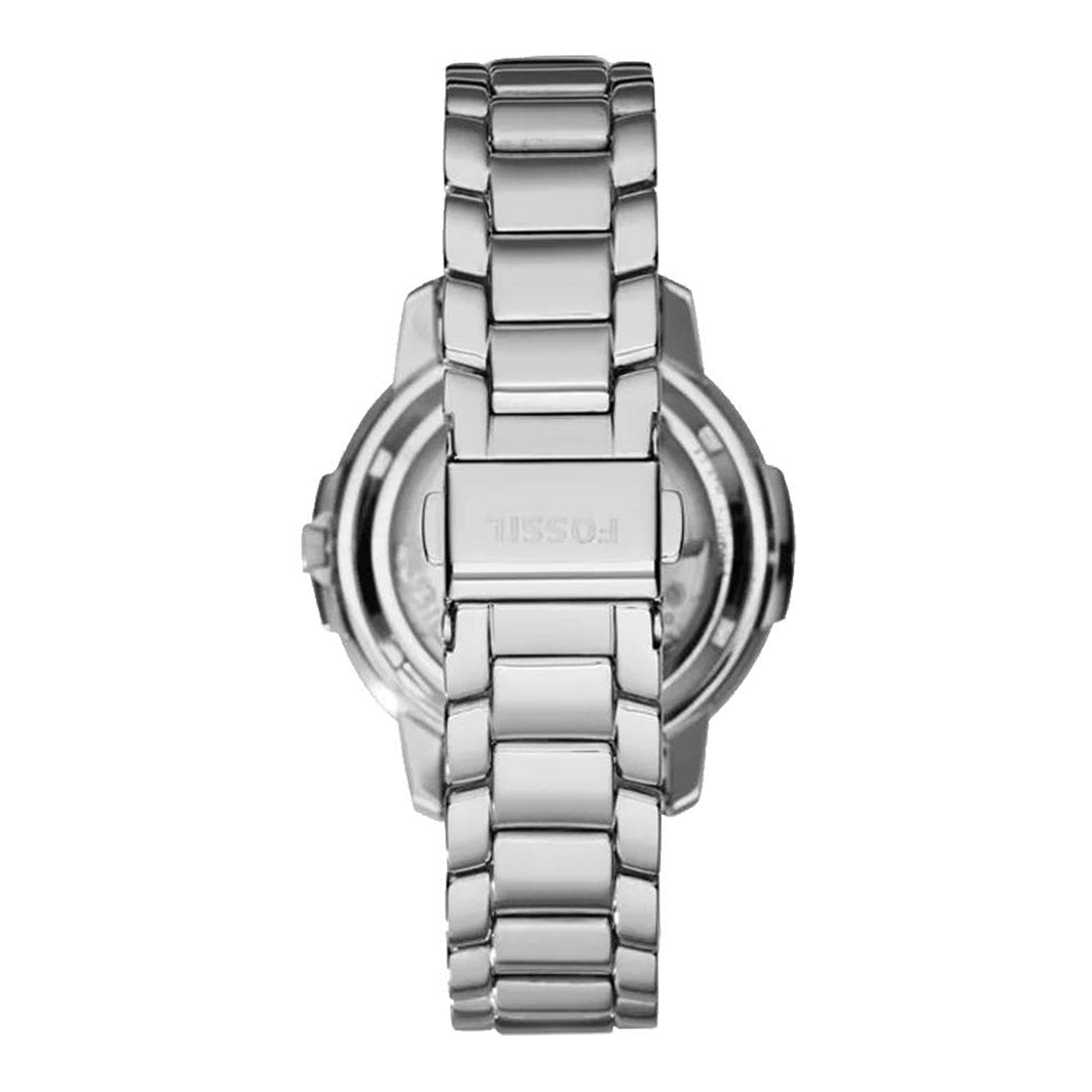 Stainless steel bracelet of Fossil Architect women's watch showing links and clasp