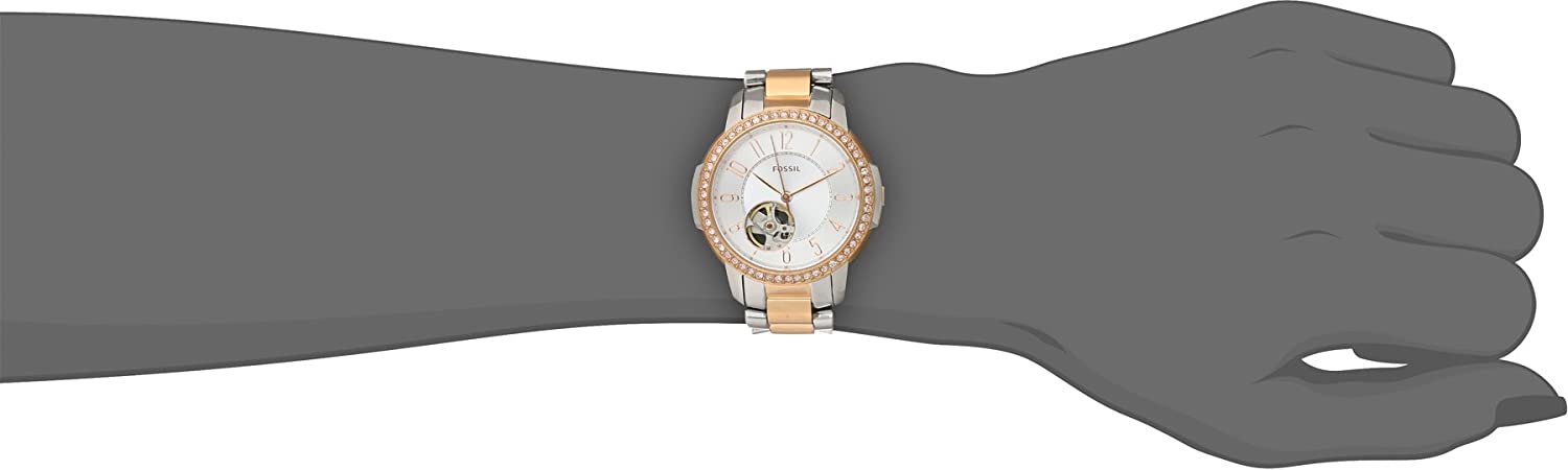 Fossil Architect automatic women's watch worn on wrist with two-tone stainless steel bracelet