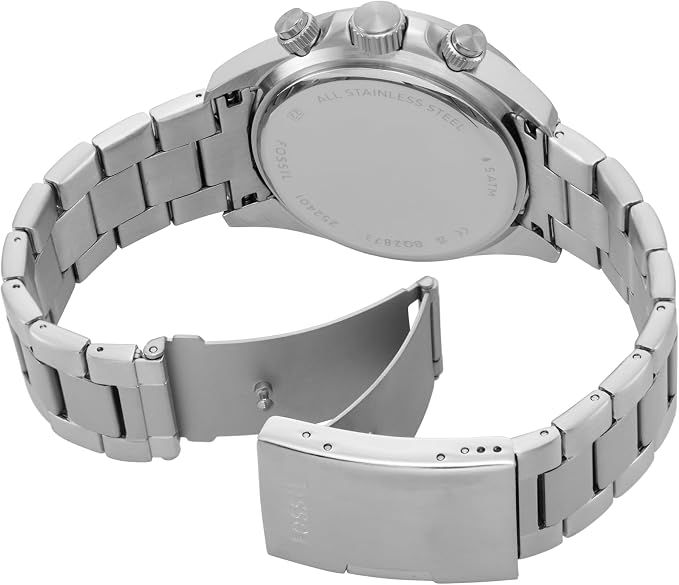 Fossil Autocross stainless steel bracelet and caseback detail